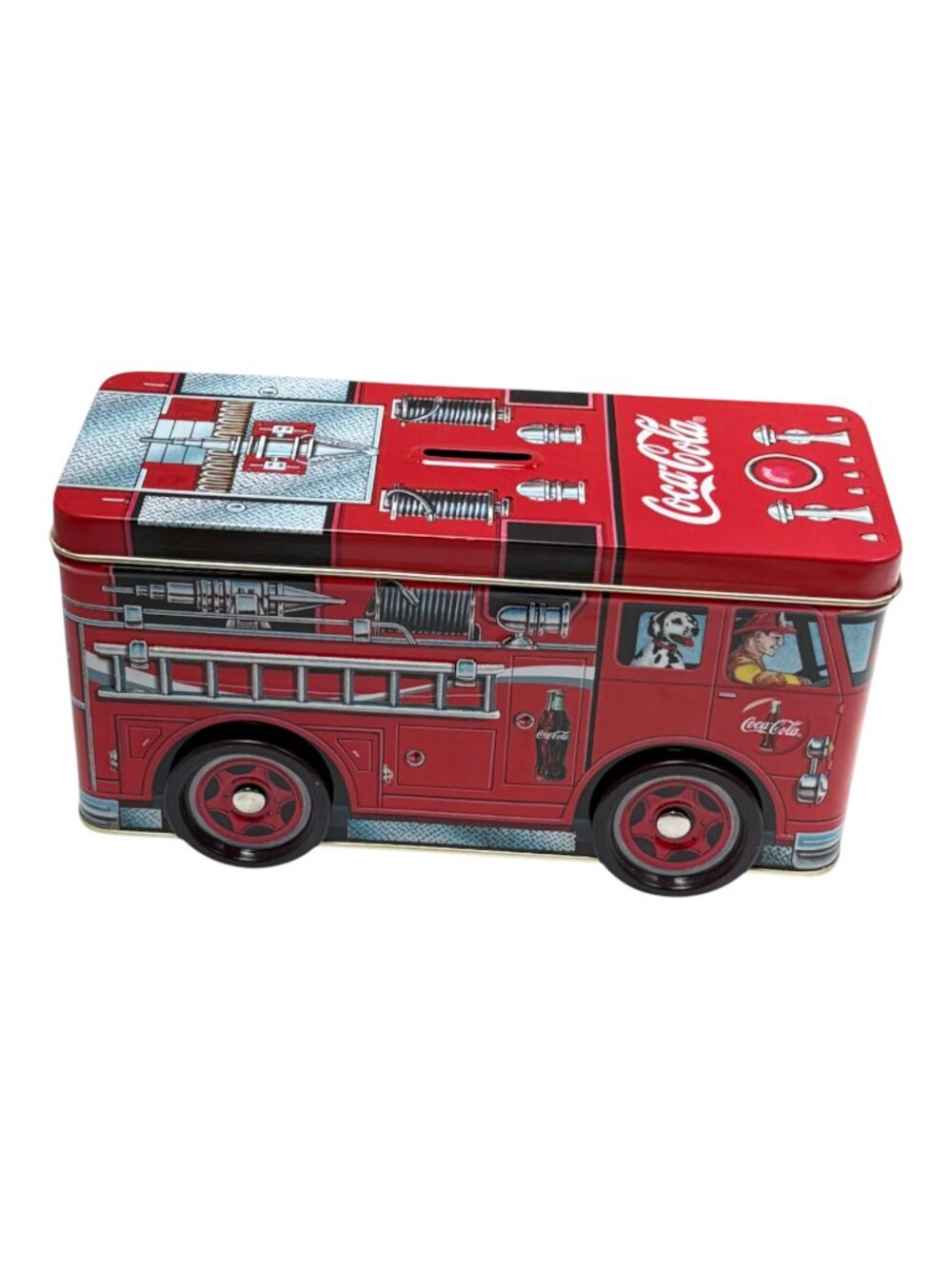 Coca-Cola Fire Truck Tin Bank Red 1998 Rolling Wheels 8 inch